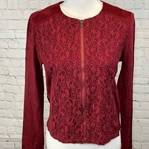 MYSTREE Lace & Vegan Suede Zip Front Shirt Burgundy -Medium